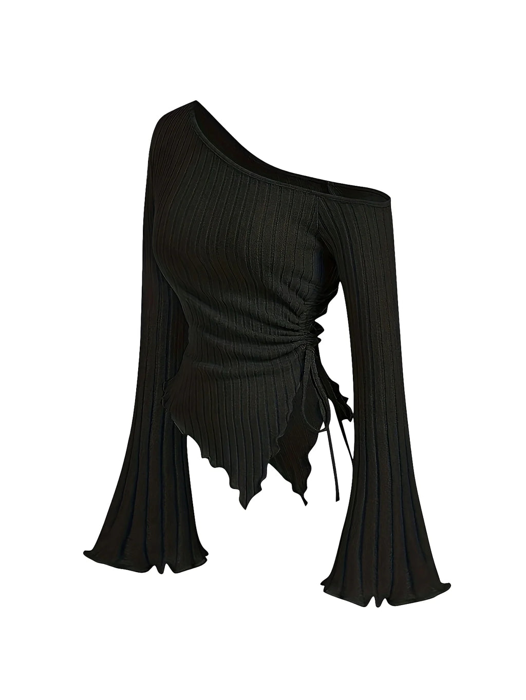 Women's Off-Shoulder Cross Long-Sleeved Slim Fit T-Shirt Asymmetrical Street Style Casual Elegant Top with Trumpet Sleeves