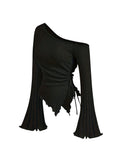 Women's Off-Shoulder Cross Long-Sleeved Slim Fit T-Shirt Asymmetrical Street Style Casual Elegant Top with Trumpet Sleeves