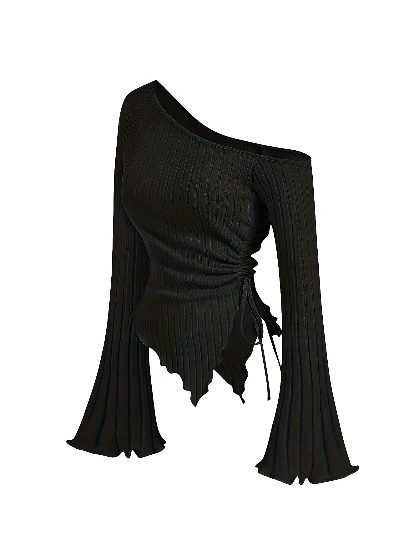 Women's Off-Shoulder Cross Long-Sleeved Slim Fit T-Shirt Asymmetrical Street Style Casual Elegant Top with Trumpet Sleeves