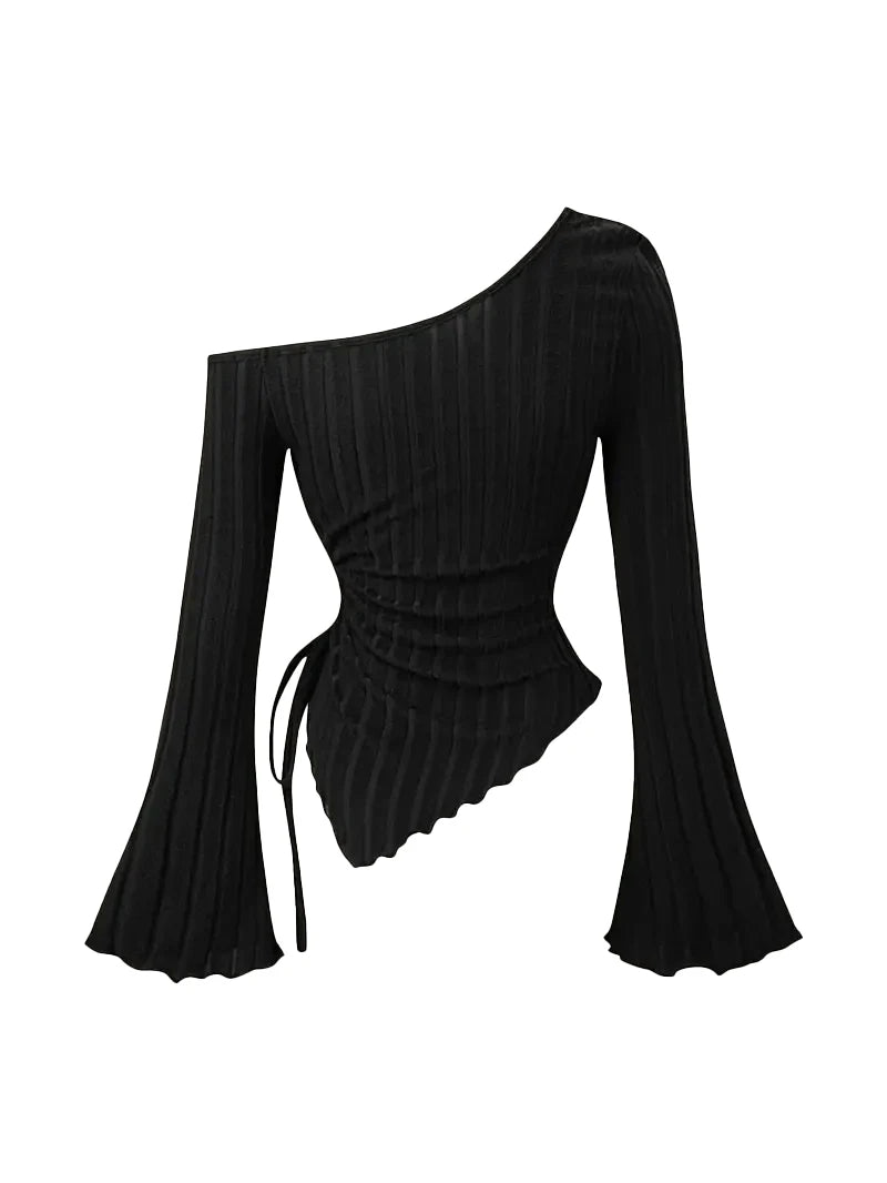 Women's Off-Shoulder Cross Long-Sleeved Slim Fit T-Shirt Asymmetrical Street Style Casual Elegant Top with Trumpet Sleeves