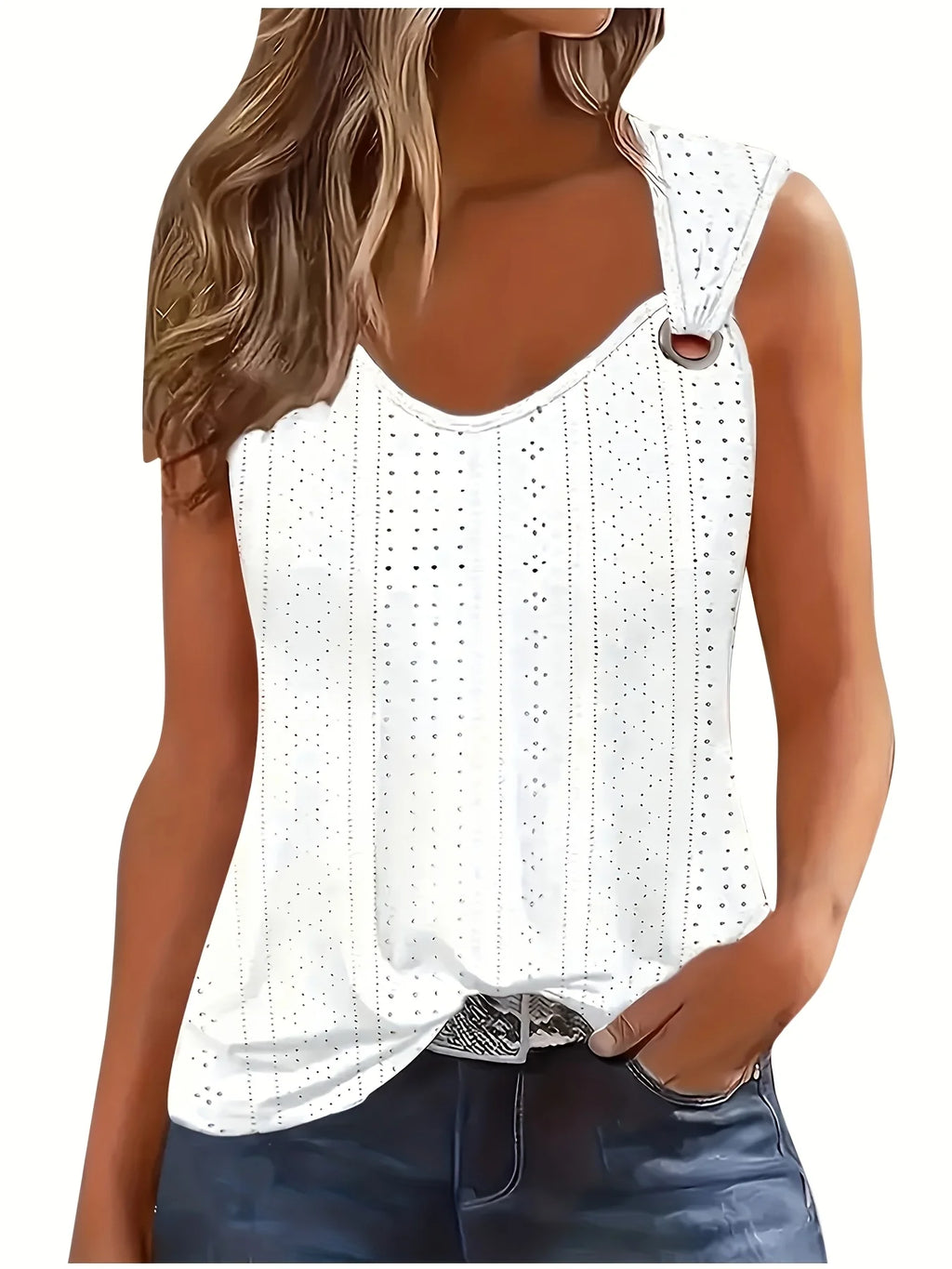 Women's Eyelet Embroidery Tank Top Symmetrical Straps with Buckle V Neck Casual Sleeveless Cami Tops