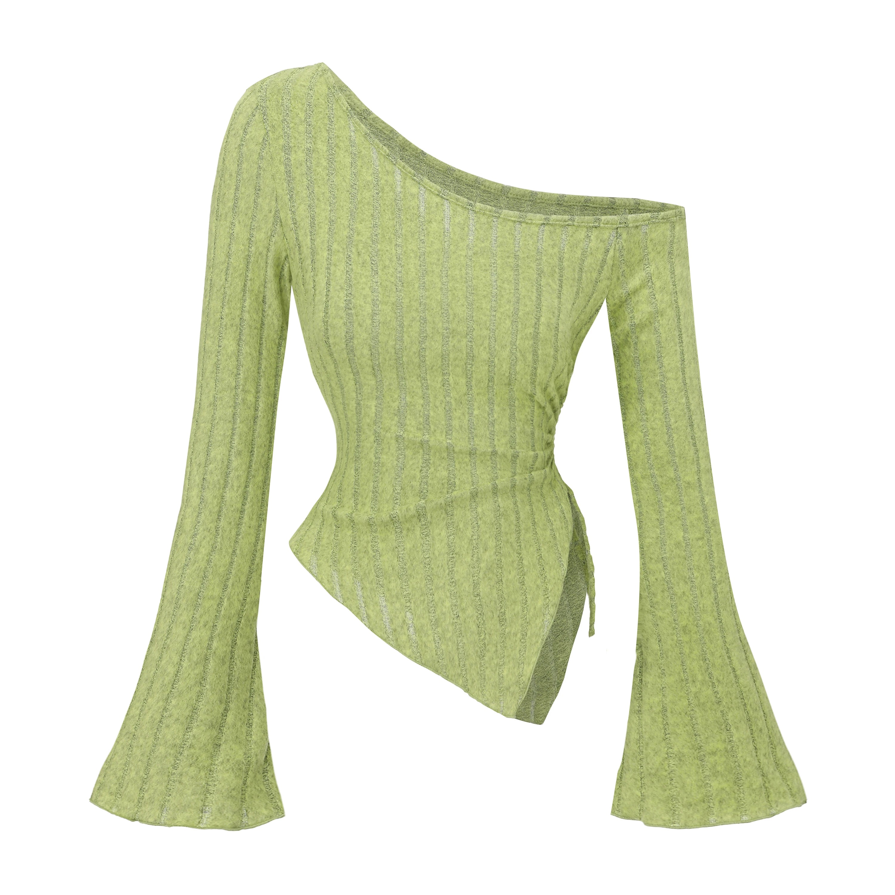 Women's Off-Shoulder Cross Long-Sleeved Slim Fit T-Shirt Asymmetrical Street Style Casual Elegant Top with Trumpet Sleeves