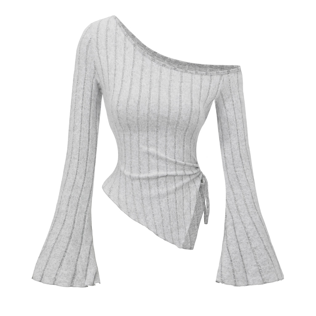 Women's Off-Shoulder Cross Long-Sleeved Slim Fit T-Shirt Asymmetrical Street Style Casual Elegant Top with Trumpet Sleeves