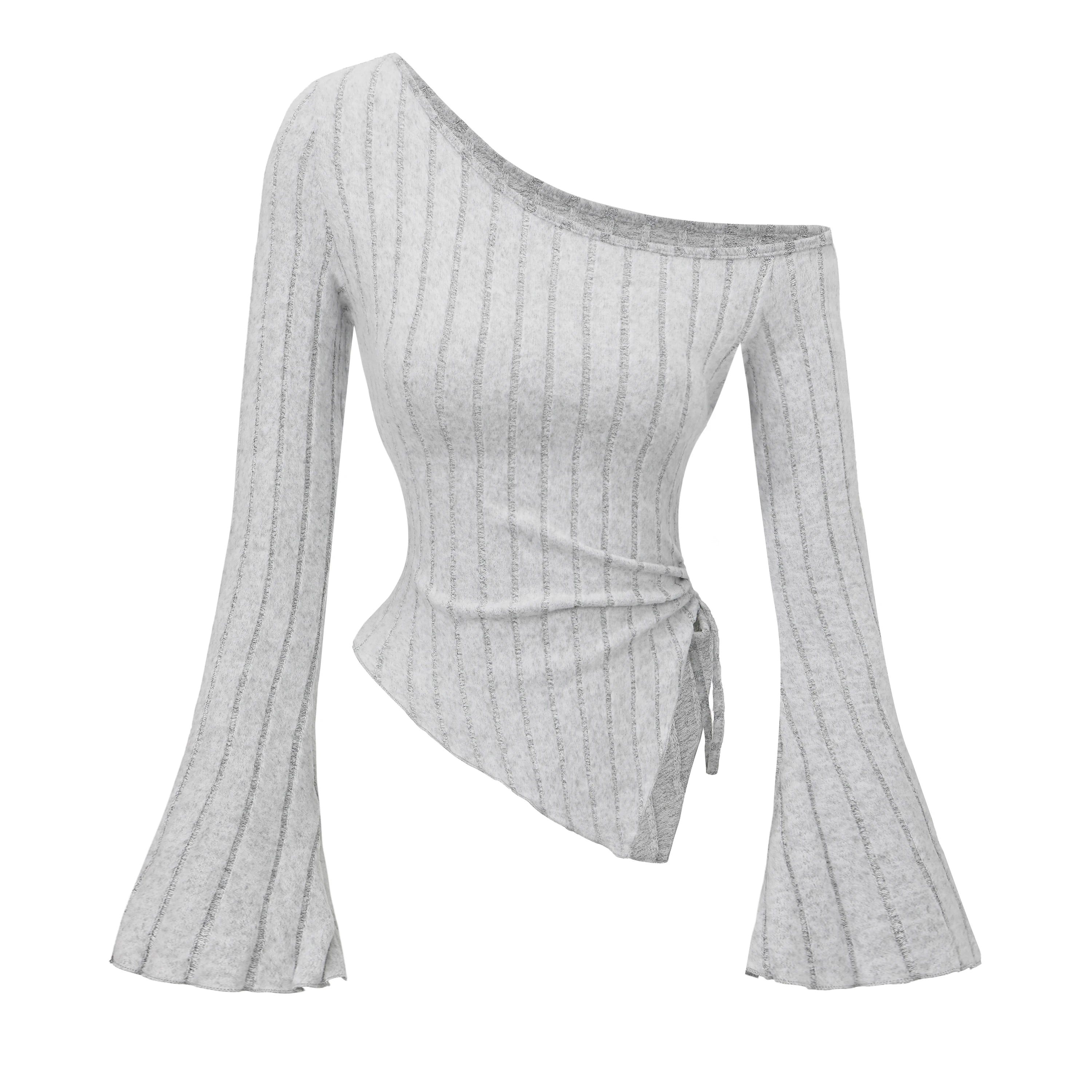 Women's Off-Shoulder Cross Long-Sleeved Slim Fit T-Shirt Asymmetrical Street Style Casual Elegant Top with Trumpet Sleeves