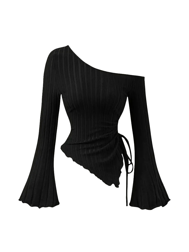 Women's Off-Shoulder Cross Long-Sleeved Slim Fit T-Shirt Asymmetrical Street Style Casual Elegant Top with Trumpet Sleeves