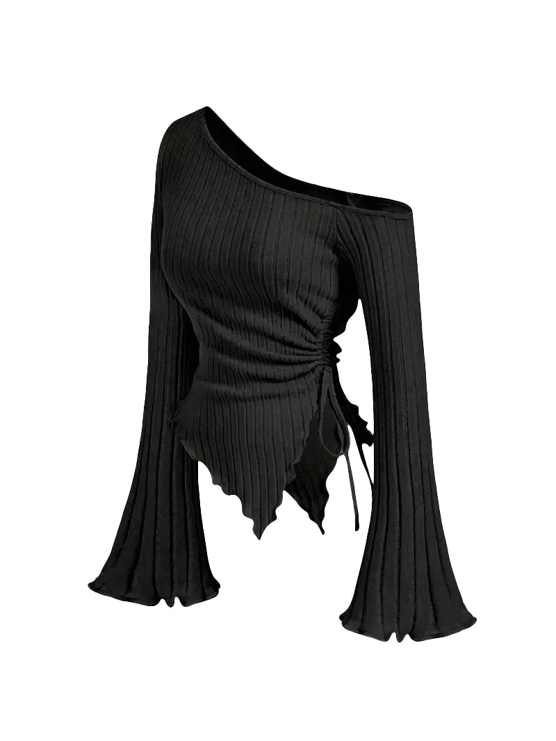 Women's Off-Shoulder Cross Long-Sleeved Slim Fit T-Shirt Asymmetrical Street Style Casual Elegant Top with Trumpet Sleeves